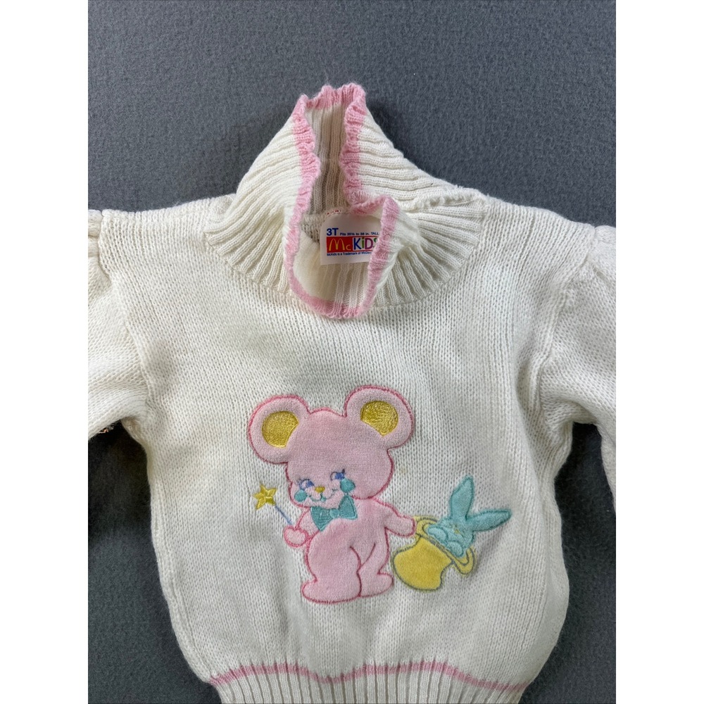 Vintage McKids White Knit Sweater 3T Pink Mouse Magician Ruffle Neck 82263